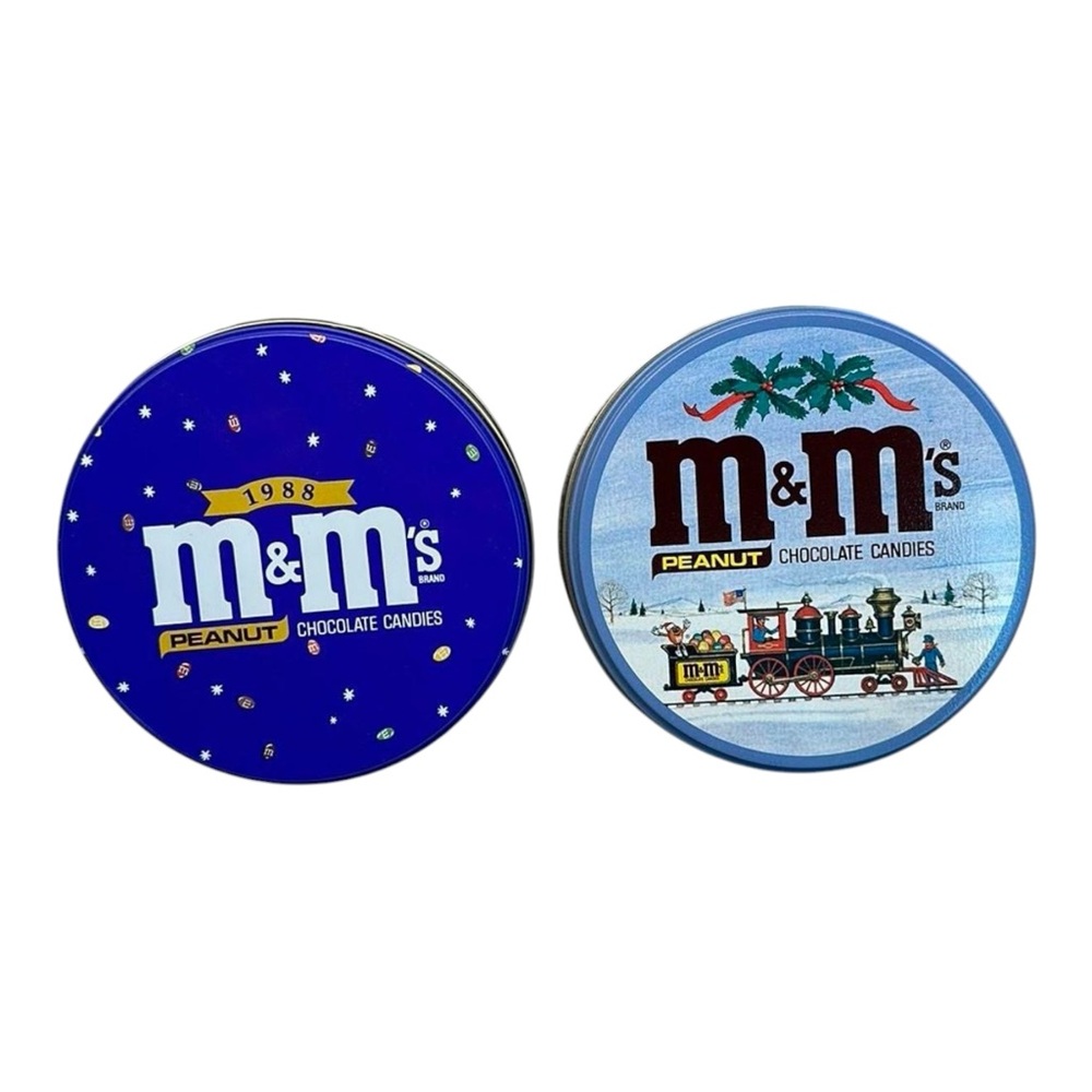 VINTAGE Mars M&M Peanut Holiday Christmas Train Tin & 1988 Cannisters set of 2